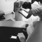 Bride putting her dress on and writing vows at a Long Island wedding